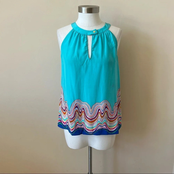 Lilly Pulitzer Rogan silk patterned halter top rainbow colorful aqua 5117 - Picture 2 of 12